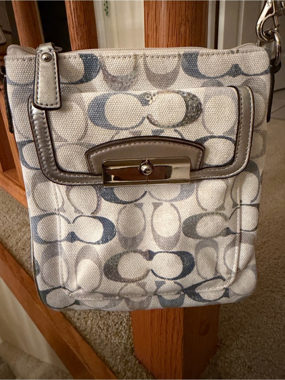 Coach Silver Trim Signature Canvas Crossbody in Light Gray and White